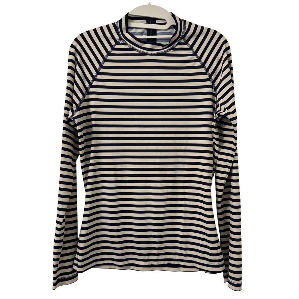 J.Crew Long Sleeve Mock Neck Back Zip Rash Guard Navy White Stripe Size L Surf‎